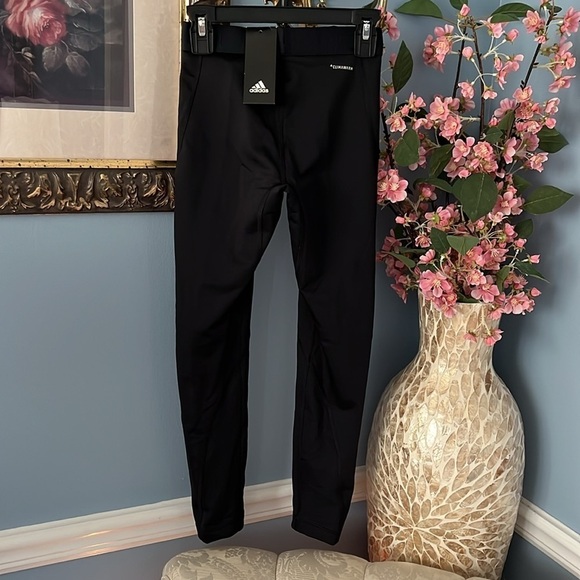 Brand New Adidas Climawarm Black Tights Sporty Stretch Leggings Blue Graphics - Picture 7 of 15